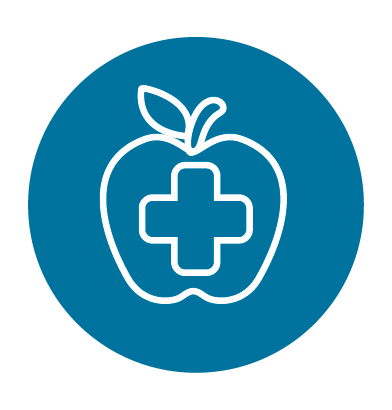 Icon of an apple with a medical cross on a blue background.